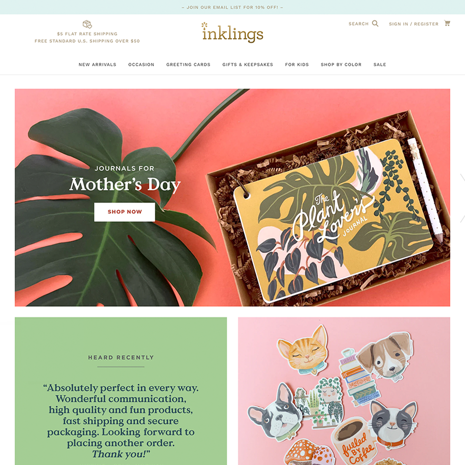 screenshot of Inklings Paperie homepage